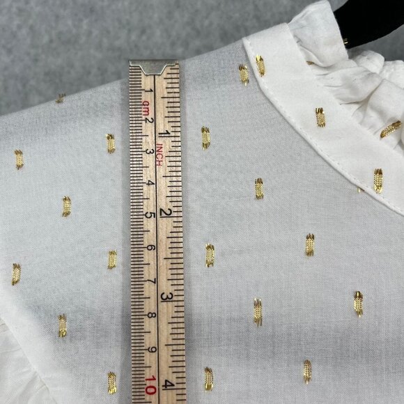 Draper James Womens Clip Dot Blouse Top Size L White Gold Metallic Ruffle Modest - Picture 9 of 14